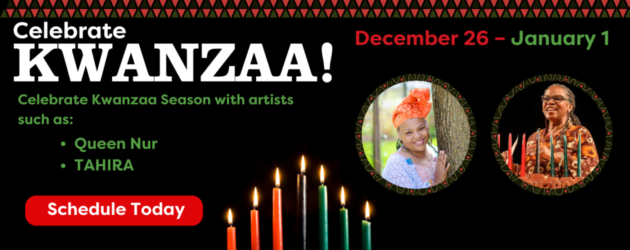 Banner promoting Kwanzaa with artists such as Queen Nur and TAHIRA